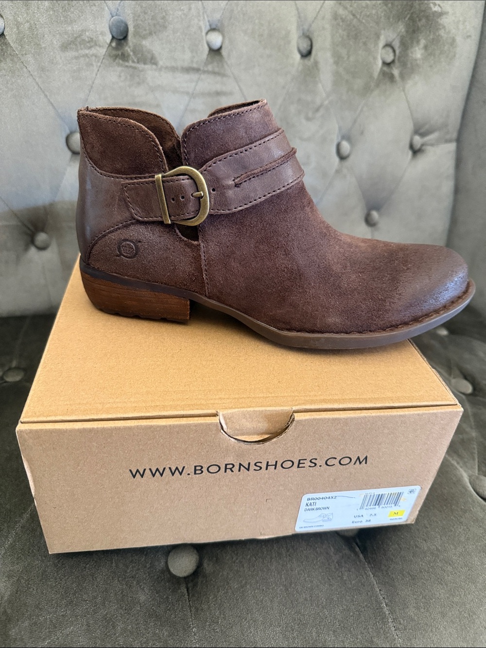 Born Dark Brown Suede Ankle Boot with Buckle Strap